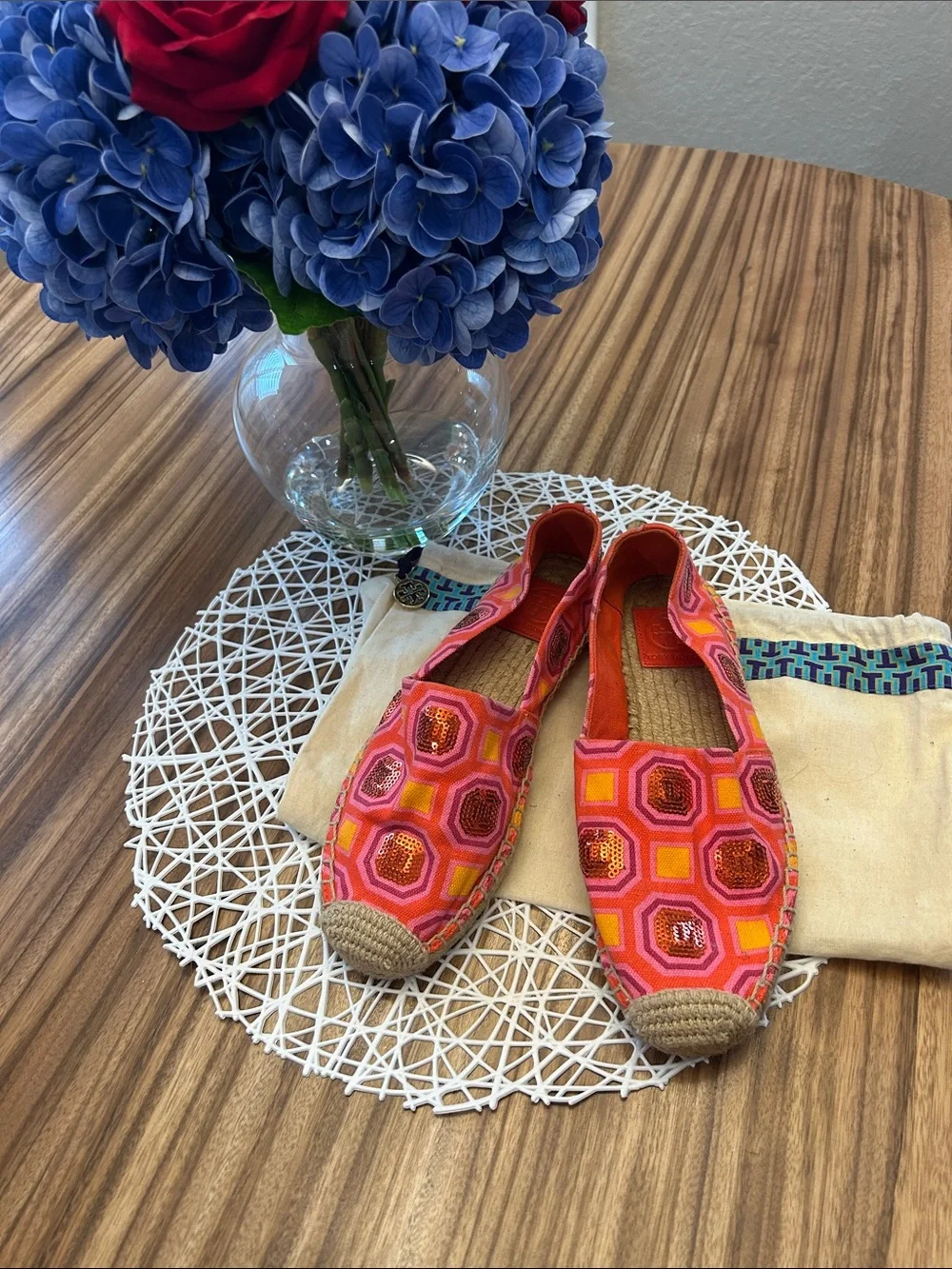 Tory Burch Pink and Orange Geometric Sequin Espadrilles